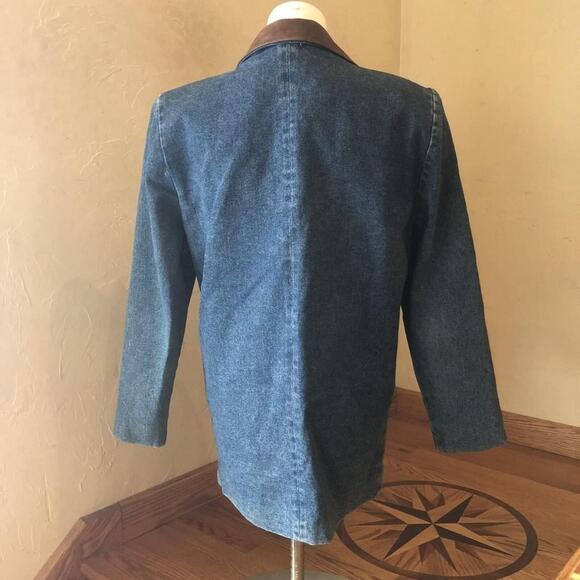Jl Colebrook VTG 90’s Boxy Denim Blazer 2 Button Leather Detailing Pockets SM - Picture 12 of 12